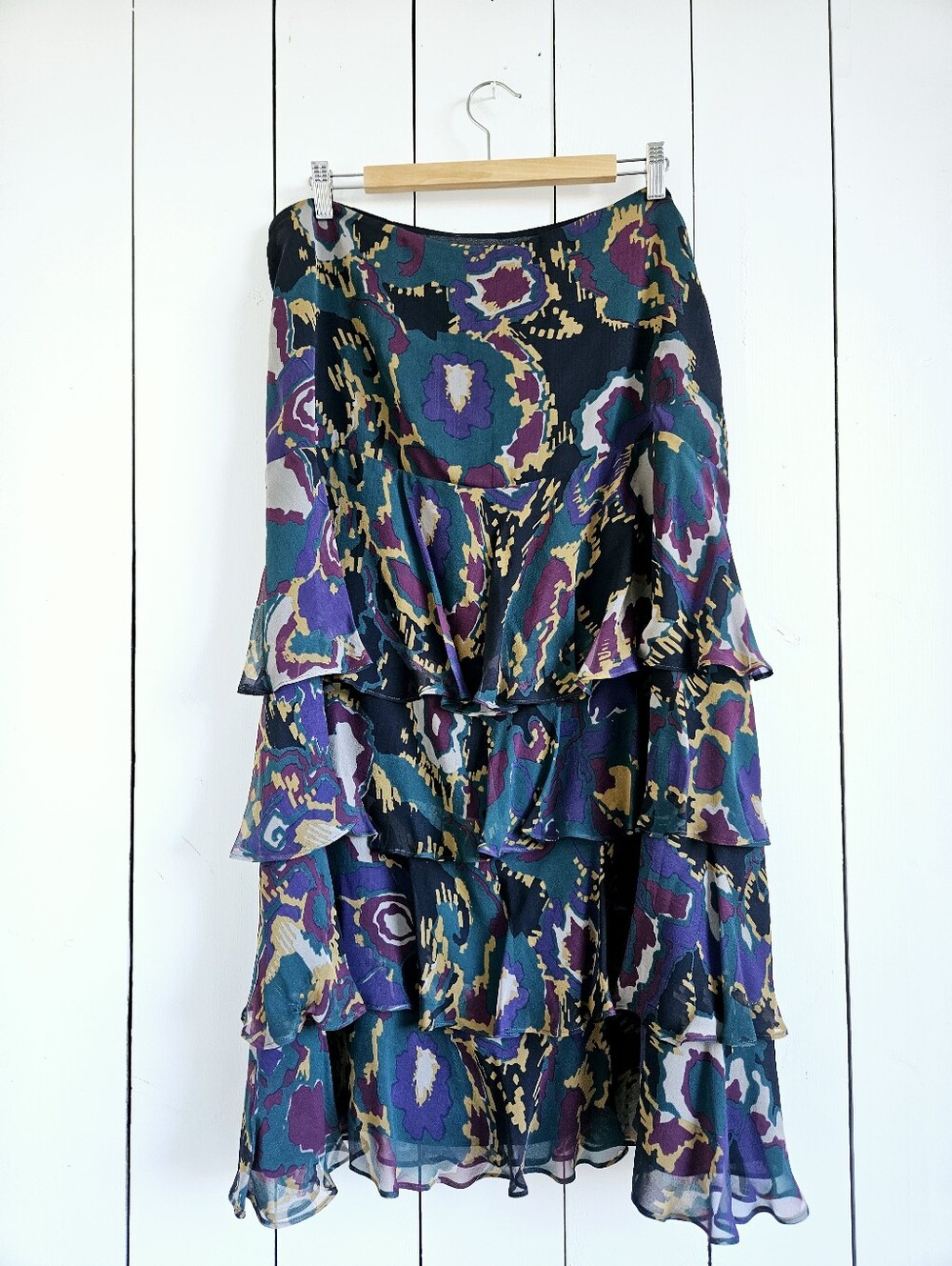 Windsmoor 100% Silk Tiered Ruffle Maxi Skirt Size 16 Watercolor EUC